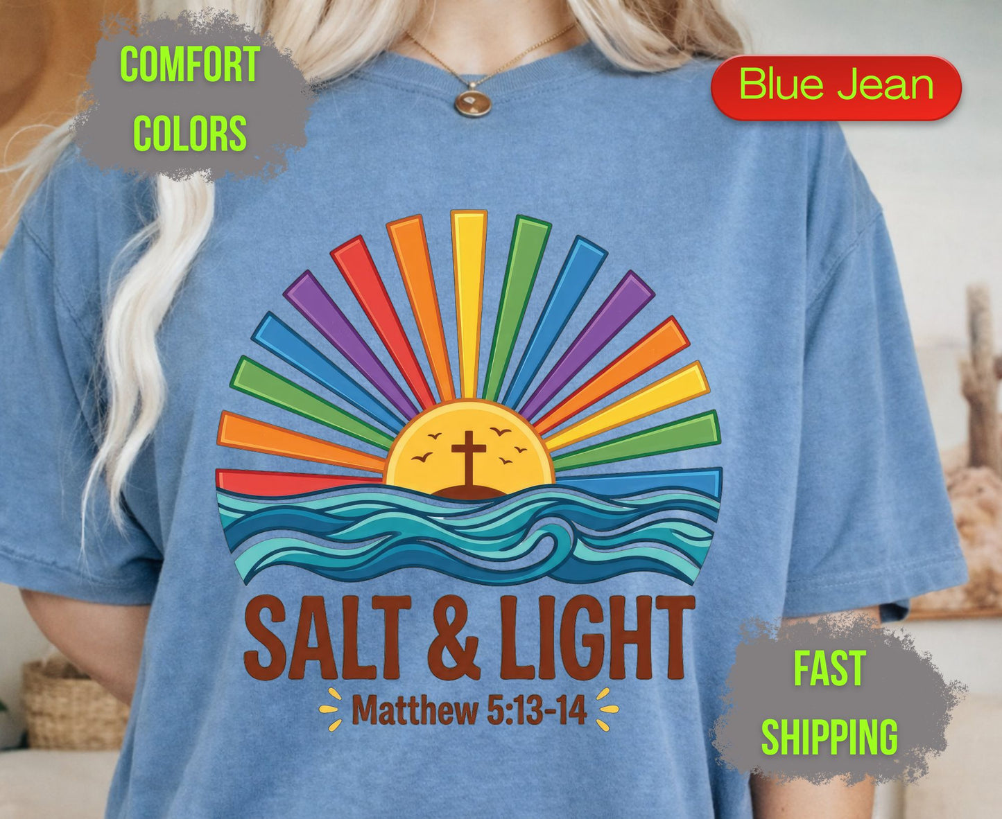Salt & Light Comfort Colors T Shirts Cute Christian Ocean Wave Tee Colorful Rainbow Sunburst Shirt Religious Scripture Matthew 5 13 14 Gifts