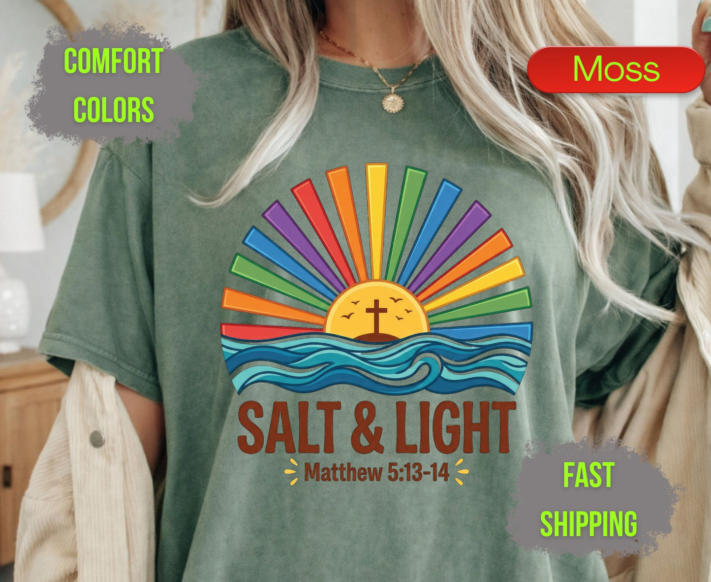 Salt & Light Comfort Colors T Shirts Cute Christian Ocean Wave Tee Colorful Rainbow Sunburst Shirt Religious Scripture Matthew 5 13 14 Gifts