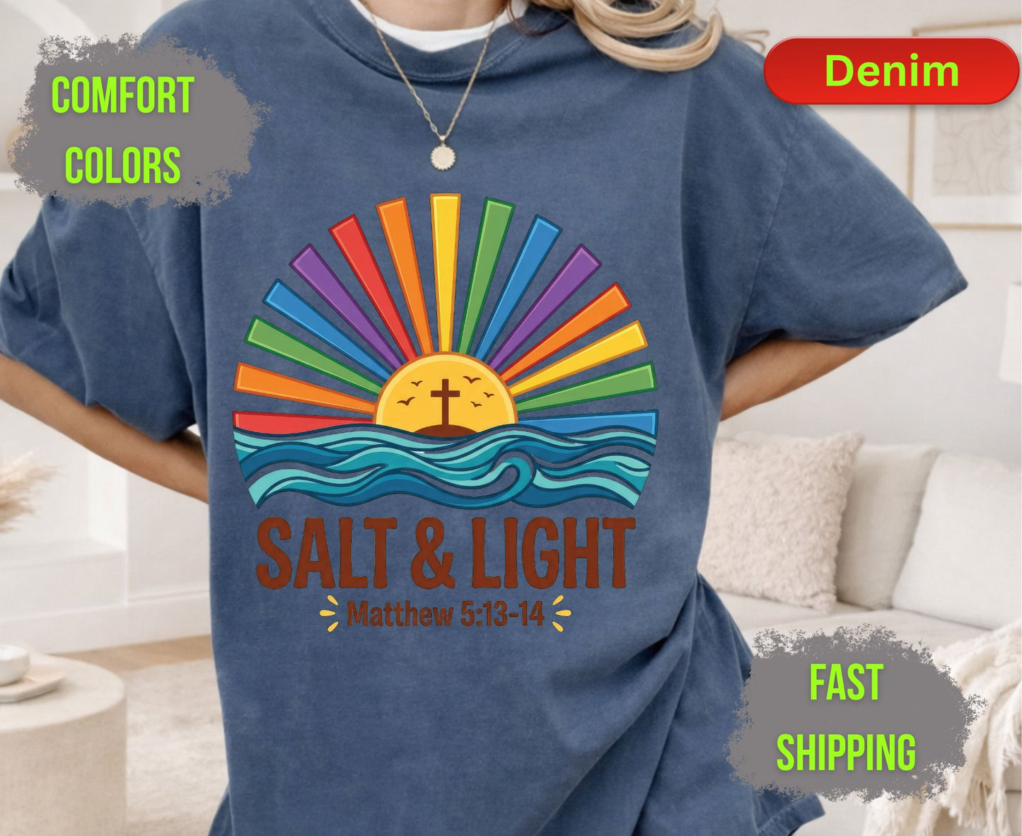 Salt & Light Comfort Colors T Shirts Cute Christian Ocean Wave Tee Colorful Rainbow Sunburst Shirt Religious Scripture Matthew 5 13 14 Gifts