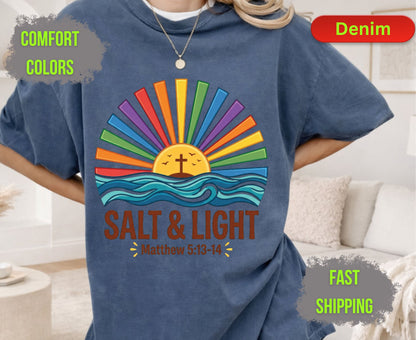 Salt & Light Comfort Colors T Shirts Cute Christian Ocean Wave Tee Colorful Rainbow Sunburst Shirt Religious Scripture Matthew 5 13 14 Gifts