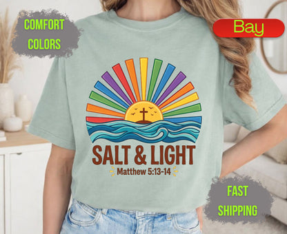 Salt & Light Comfort Colors T Shirts Cute Christian Ocean Wave Tee Colorful Rainbow Sunburst Shirt Religious Scripture Matthew 5 13 14 Gifts
