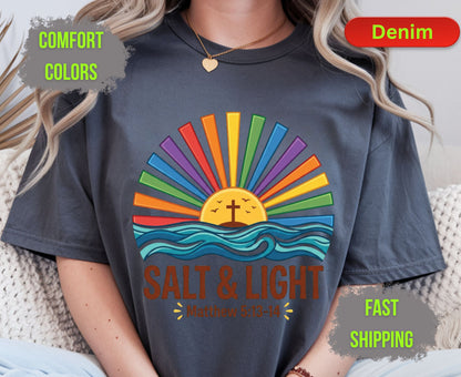 Salt & Light Comfort Colors T Shirts Cute Christian Ocean Wave Tee Colorful Rainbow Sunburst Shirt Religious Scripture Matthew 5 13 14 Gifts