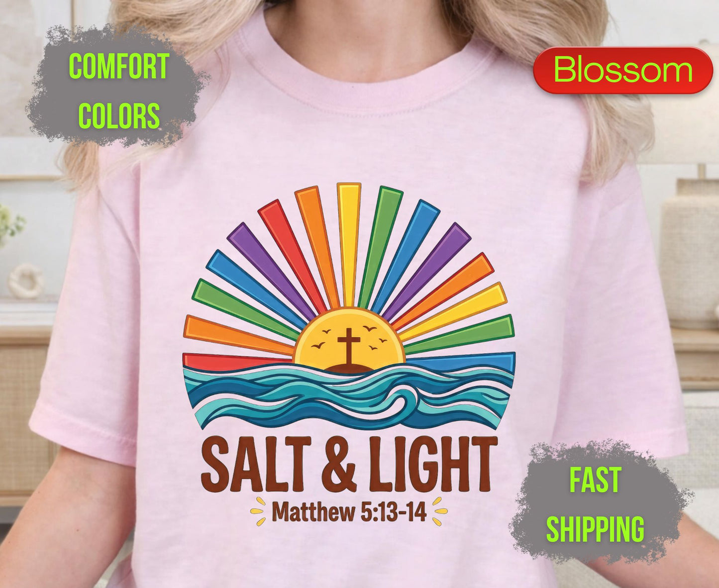 Salt & Light Comfort Colors T Shirts Cute Christian Ocean Wave Tee Colorful Rainbow Sunburst Shirt Religious Scripture Matthew 5 13 14 Gifts