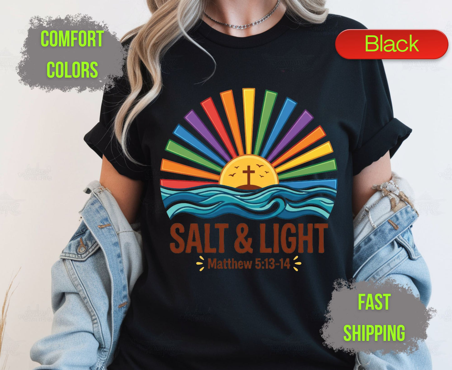 Salt & Light Comfort Colors T Shirts Cute Christian Ocean Wave Tee Colorful Rainbow Sunburst Shirt Religious Scripture Matthew 5 13 14 Gifts