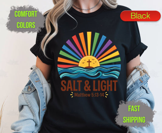 Salt & Light Comfort Colors T Shirts Cute Christian Ocean Wave Tee Colorful Rainbow Sunburst Shirt Religious Scripture Matthew 5 13 14 Gifts