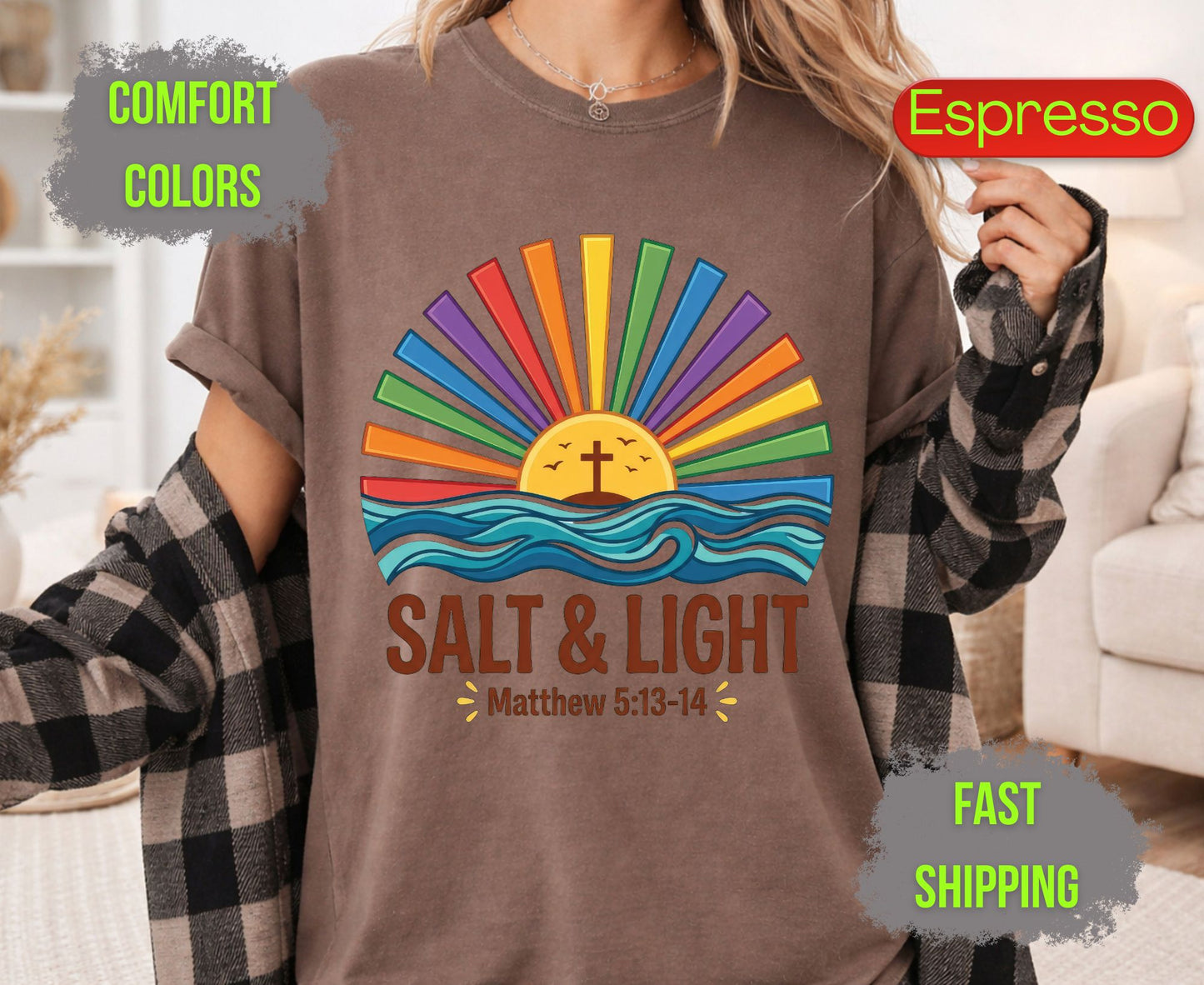 Salt & Light Comfort Colors T Shirts Cute Christian Ocean Wave Tee Colorful Rainbow Sunburst Shirt Religious Scripture Matthew 5 13 14 Gifts