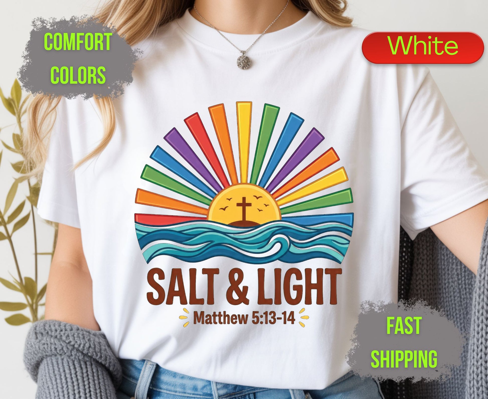 Salt & Light Comfort Colors T Shirts Cute Christian Ocean Wave Tee Colorful Rainbow Sunburst Shirt Religious Scripture Matthew 5 13 14 Gifts