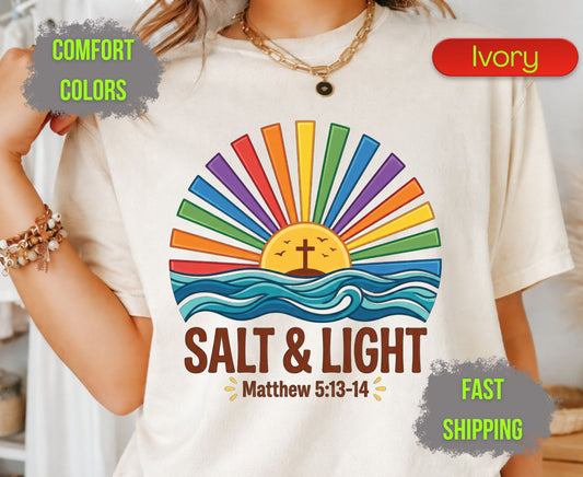 Salt & Light Comfort Colors T Shirts Cute Christian Ocean Wave Tee Colorful Rainbow Sunburst Shirt Religious Scripture Matthew 5 13 14 Gifts