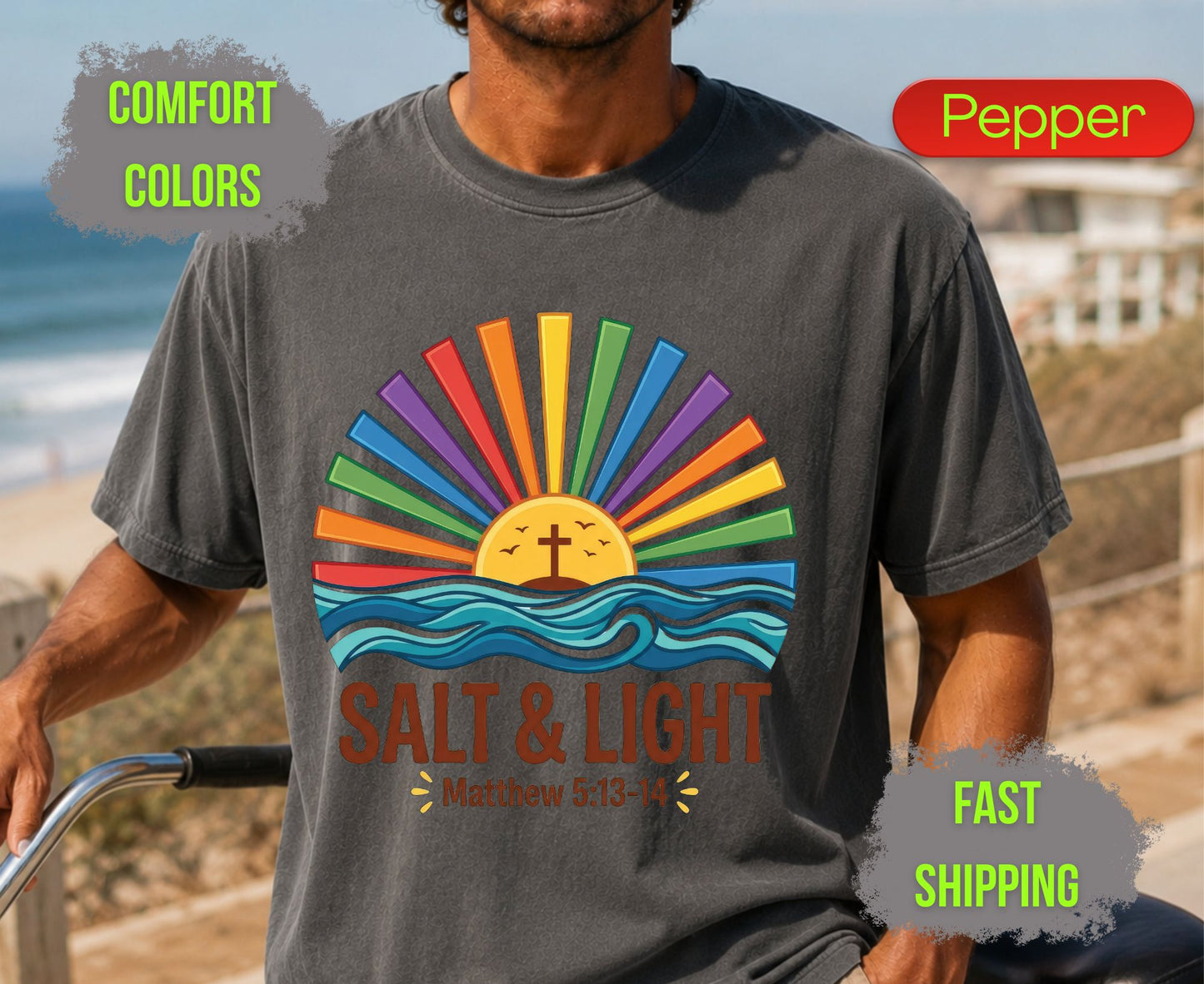 Salt & Light Comfort Colors T Shirts Cute Christian Ocean Wave Tee Colorful Rainbow Sunburst Shirt Religious Scripture Matthew 5 13 14 Gifts