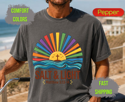 Salt & Light Comfort Colors T Shirts Cute Christian Ocean Wave Tee Colorful Rainbow Sunburst Shirt Religious Scripture Matthew 5 13 14 Gifts