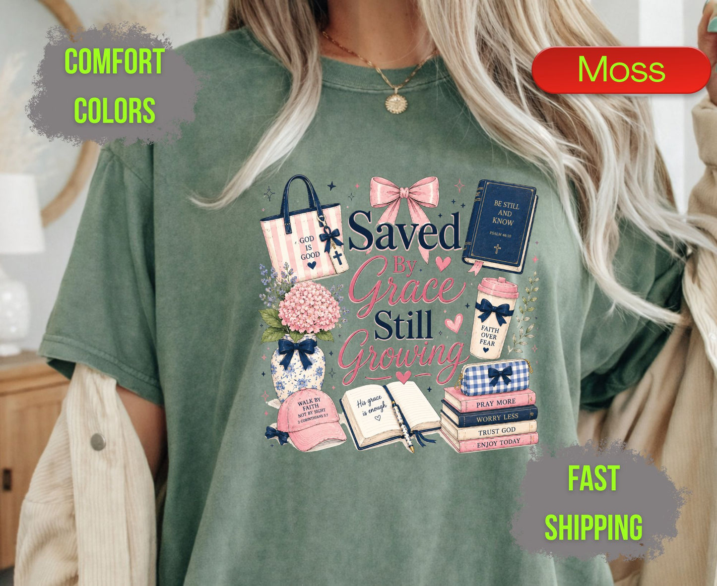 Saved By Grace Still Growing Comfort Colors T Shirts Cute Christian Bow Tee Pink Coquette Aesthetic Shirt Religious Faith Study Bible Graphic Gifts