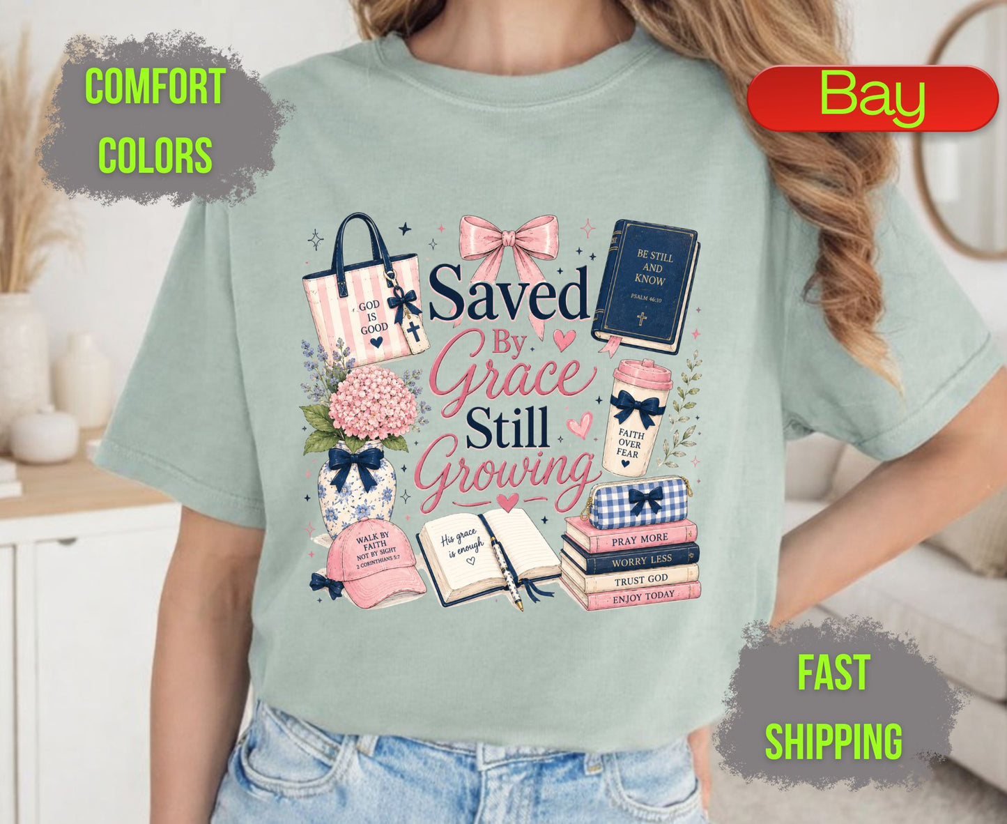 Saved By Grace Still Growing Comfort Colors T Shirts Cute Christian Bow Tee Pink Coquette Aesthetic Shirt Religious Faith Study Bible Graphic Gifts