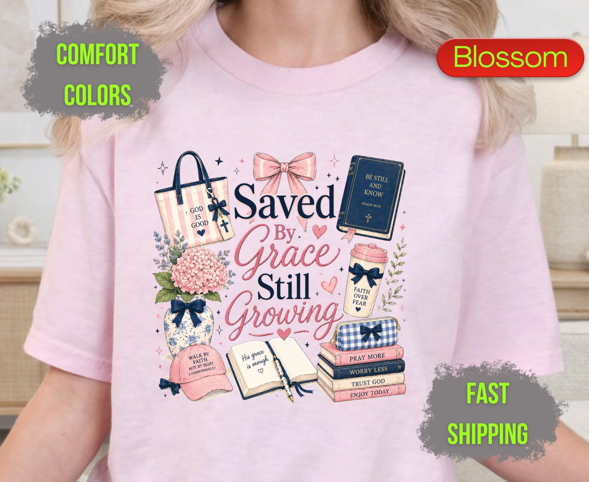 Saved By Grace Still Growing Comfort Colors T Shirts Cute Christian Bow Tee Pink Coquette Aesthetic Shirt Religious Faith Study Bible Graphic Gifts