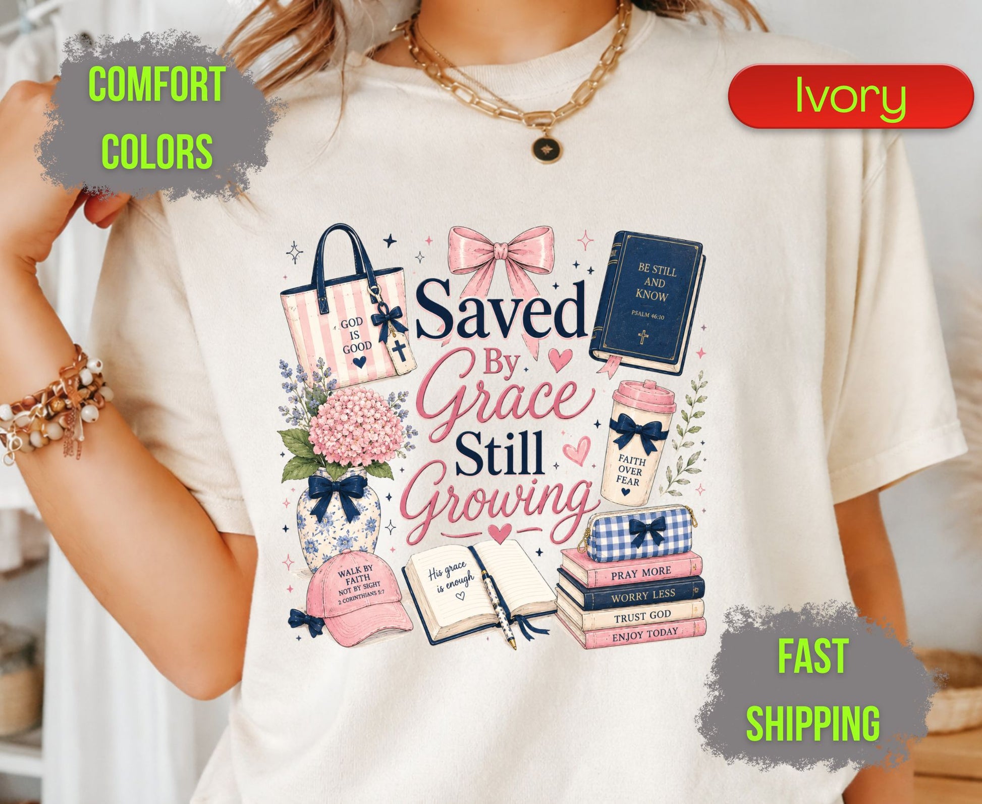 Saved By Grace Still Growing Comfort Colors T Shirts Cute Christian Bow Tee Pink Coquette Aesthetic Shirt Religious Faith Study Bible Graphic Gifts