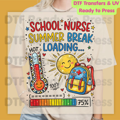 School Nurse Summer Break Loading DTF Transfer Ready to Press Leopard Thermometer Sun Heat Transfer for Shirts Last Day School UV Sticker
