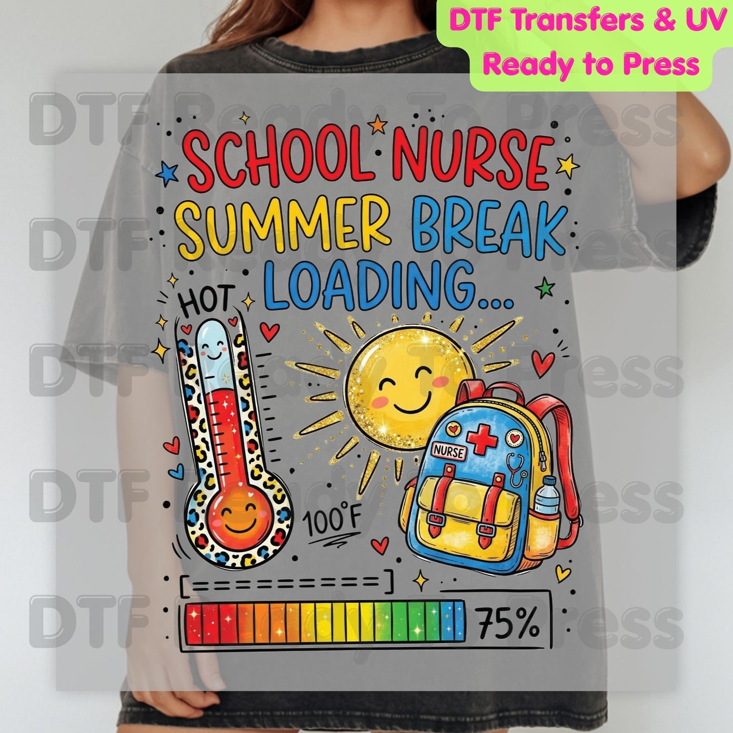 School Nurse Summer Break Loading DTF Transfer Ready to Press Leopard Thermometer Sun Heat Transfer for Shirts Last Day School UV Sticker