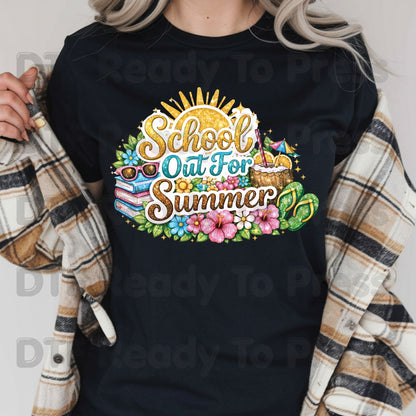 School Out For Summer DTF Transfer Ready to Press Sun Tropical Floral Beach Heat Transfer for Shirts Last Day of School UV Sticker Prints