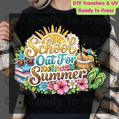 School Out For Summer DTF Transfer Ready to Press Sun Tropical Floral Beach Heat Transfer for Shirts Last Day of School UV Sticker Prints