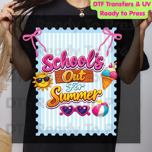 School's Out For Summer DTF Transfer Ready to Press Retro Coquette Bow Ice Cream Sun Heat Transfer for Shirts Last Day of School UV Sticker
