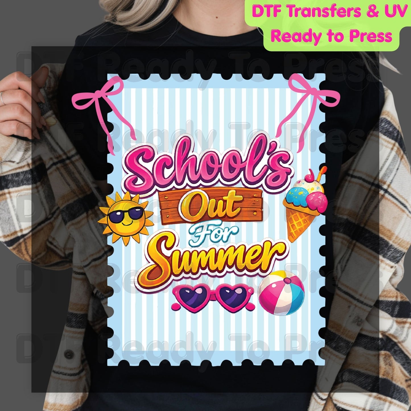 School's Out For Summer DTF Transfer Ready to Press Retro Coquette Bow Ice Cream Sun Heat Transfer for Shirts Last Day of School UV Sticker