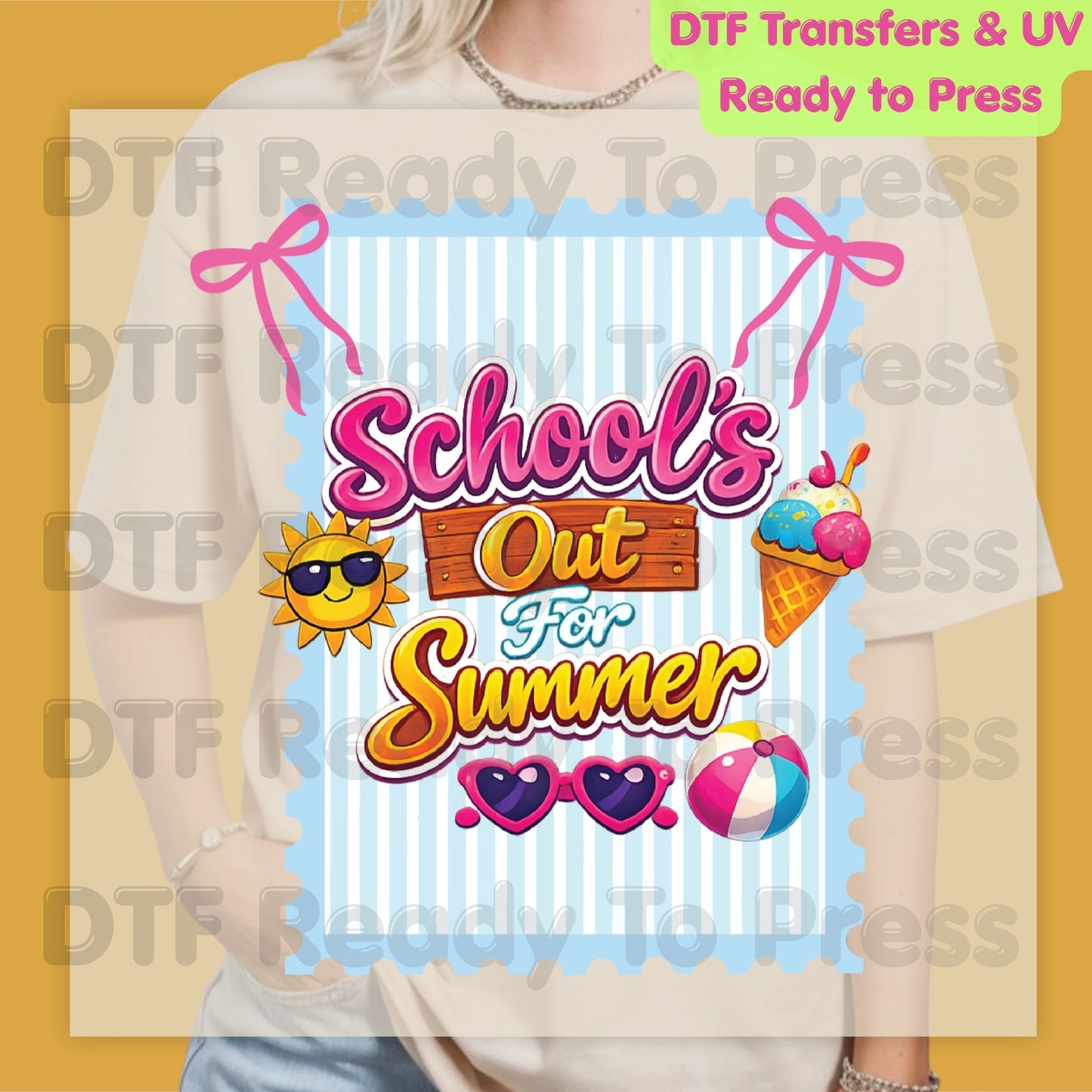 School's Out For Summer DTF Transfer Ready to Press Retro Coquette Bow Ice Cream Sun Heat Transfer for Shirts Last Day of School UV Sticker