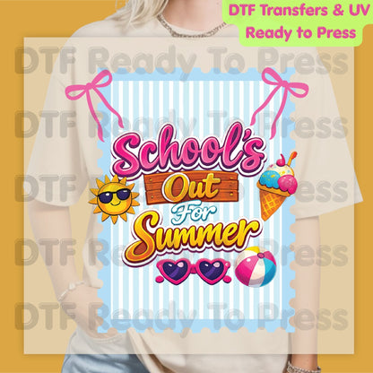 School's Out For Summer DTF Transfer Ready to Press Retro Coquette Bow Ice Cream Sun Heat Transfer for Shirts Last Day of School UV Sticker