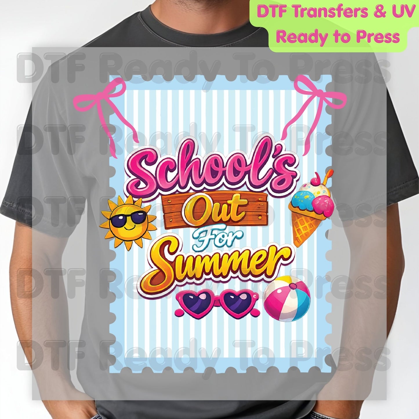 School's Out For Summer DTF Transfer Ready to Press Retro Coquette Bow Ice Cream Sun Heat Transfer for Shirts Last Day of School UV Sticker