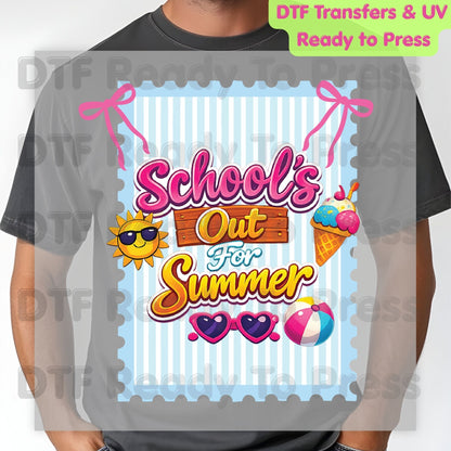 School's Out For Summer DTF Transfer Ready to Press Retro Coquette Bow Ice Cream Sun Heat Transfer for Shirts Last Day of School UV Sticker