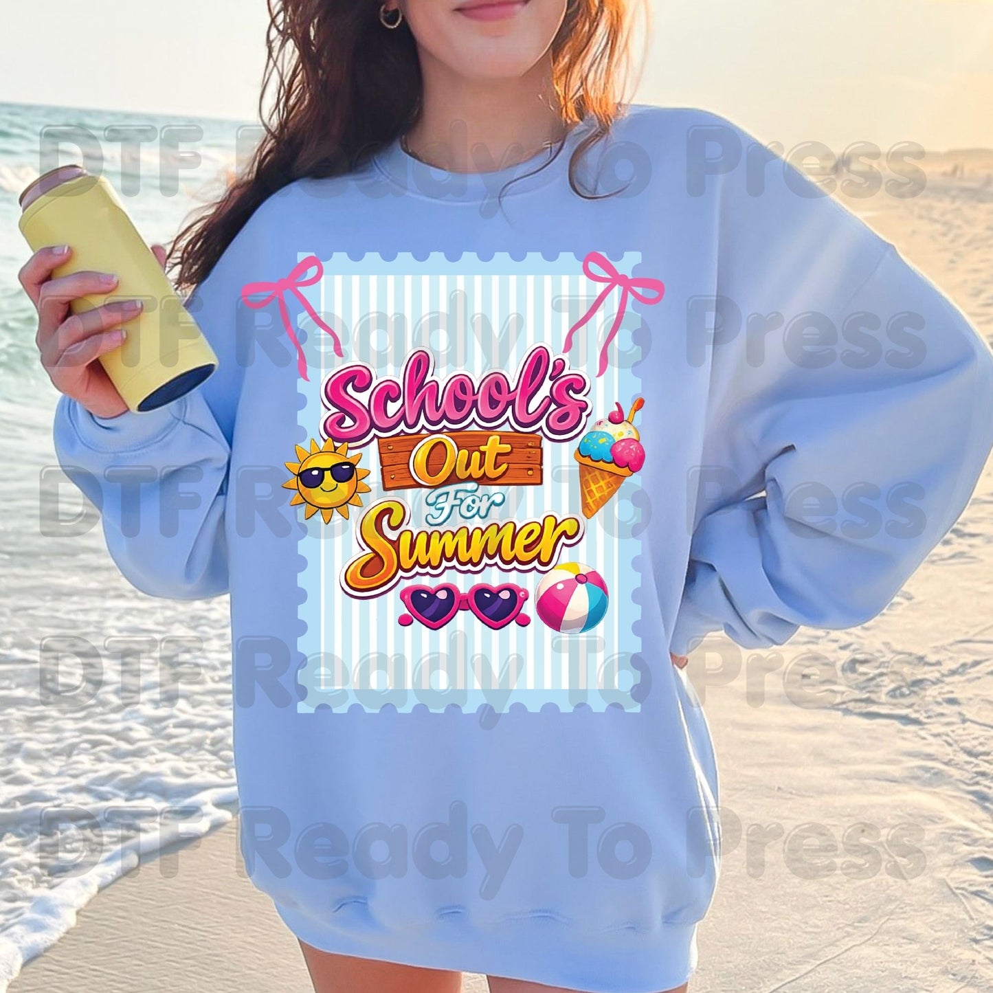 School's Out For Summer DTF Transfer Ready to Press Retro Coquette Bow Ice Cream Sun Heat Transfer for Shirts Last Day of School UV Sticker