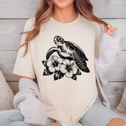 Sea Turtle DTF Transfer Ready to Press Hibiscus Flower Tropical Ocean Life Hawaiian Summer Beach Design UV Sticker Prints Apparel