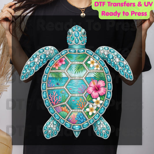 Sea Turtle Ocean Life DTF Transfer Ready to Press Summer Beach Hibiscus Flower Coral Reef Heat Transfer for Shirts Coastal UV Sticker Prints