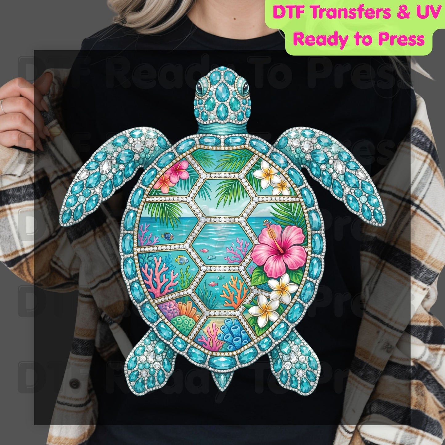 Sea Turtle Ocean Life DTF Transfer Ready to Press Summer Beach Hibiscus Flower Coral Reef Heat Transfer for Shirts Coastal UV Sticker Prints