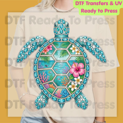 Sea Turtle Ocean Life DTF Transfer Ready to Press Summer Beach Hibiscus Flower Coral Reef Heat Transfer for Shirts Coastal UV Sticker Prints