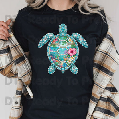 Sea Turtle Ocean Life DTF Transfer Ready to Press Summer Beach Hibiscus Flower Coral Reef Heat Transfer for Shirts Coastal UV Sticker Prints