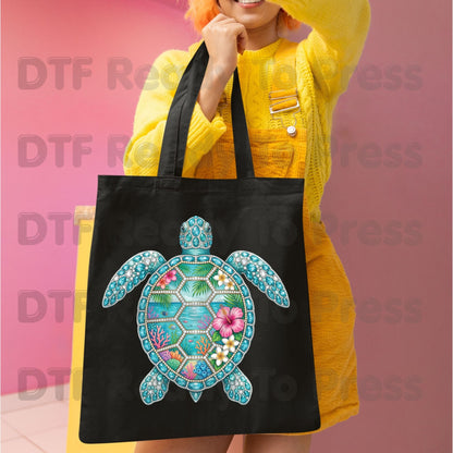 Sea Turtle Ocean Life DTF Transfer Ready to Press Summer Beach Hibiscus Flower Coral Reef Heat Transfer for Shirts Coastal UV Sticker Prints