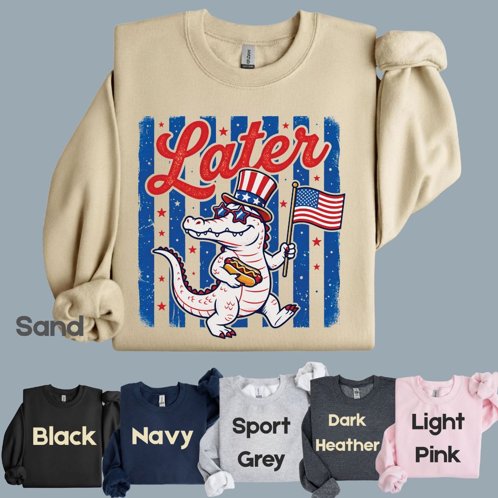 See Ya Later Alligator Comfort Colors T Shirts Funny Patriotic 4th of July Tee USA Gator Flag Shirt Uncle Sam Hot Dog Fourth of July Gifts