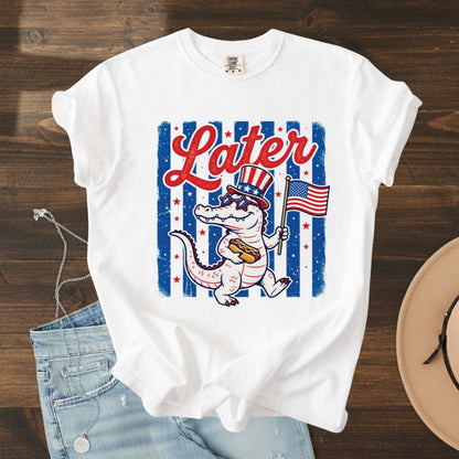 See Ya Later Alligator Comfort Colors T Shirts Funny Patriotic 4th of July Tee USA Gator Flag Shirt Uncle Sam Hot Dog Fourth of July Gifts