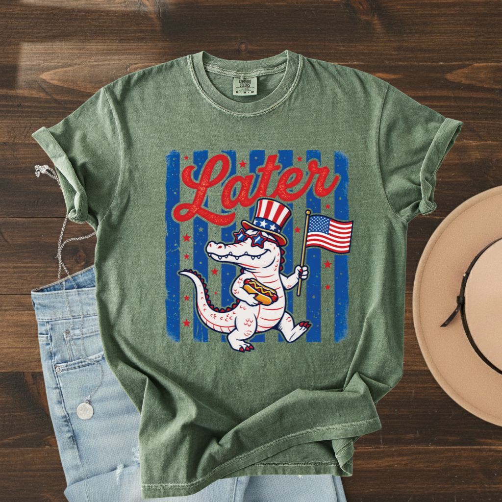 See Ya Later Alligator Comfort Colors T Shirts Funny Patriotic 4th of July Tee USA Gator Flag Shirt Uncle Sam Hot Dog Fourth of July Gifts