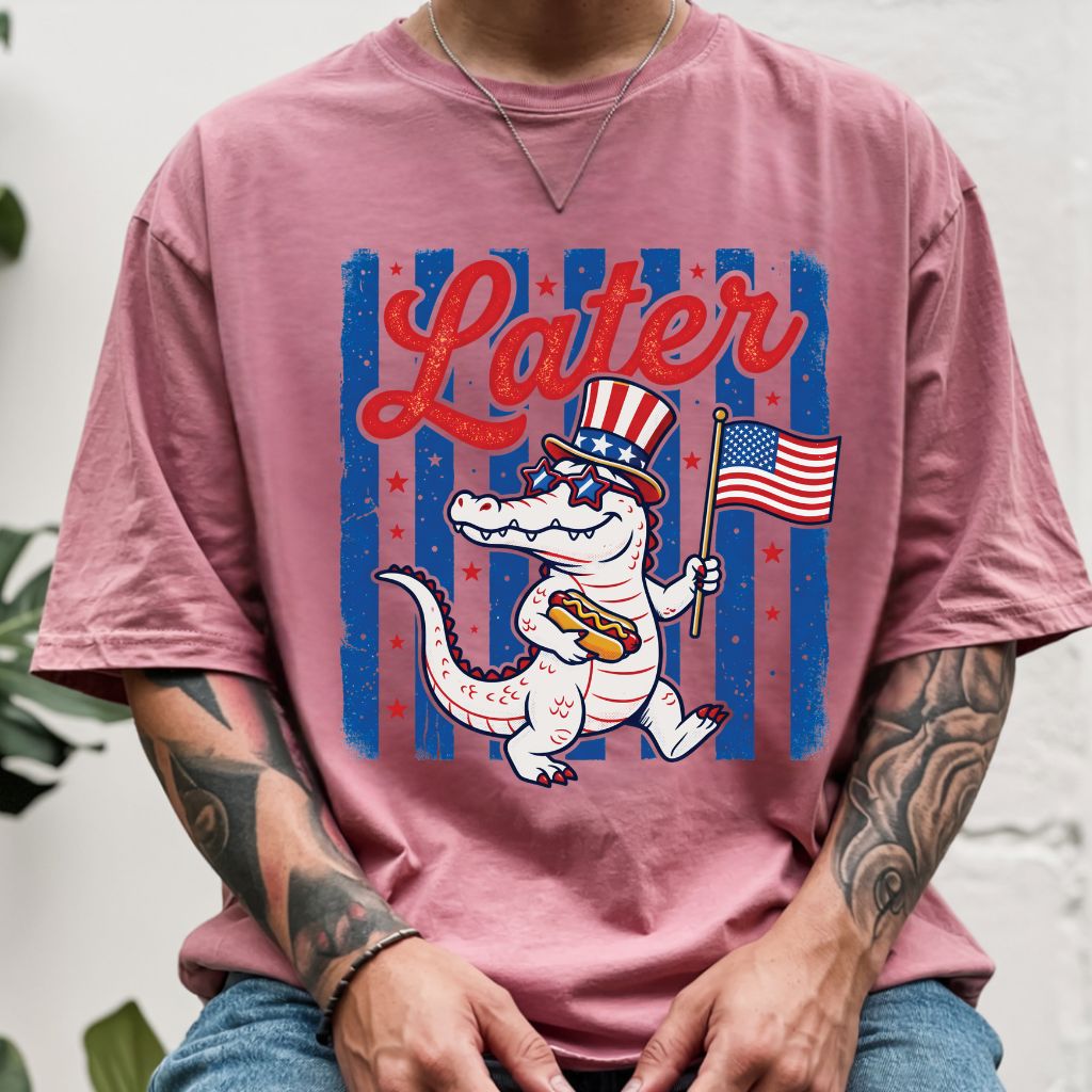 See Ya Later Alligator Comfort Colors T Shirts Funny Patriotic 4th of July Tee USA Gator Flag Shirt Uncle Sam Hot Dog Fourth of July Gifts