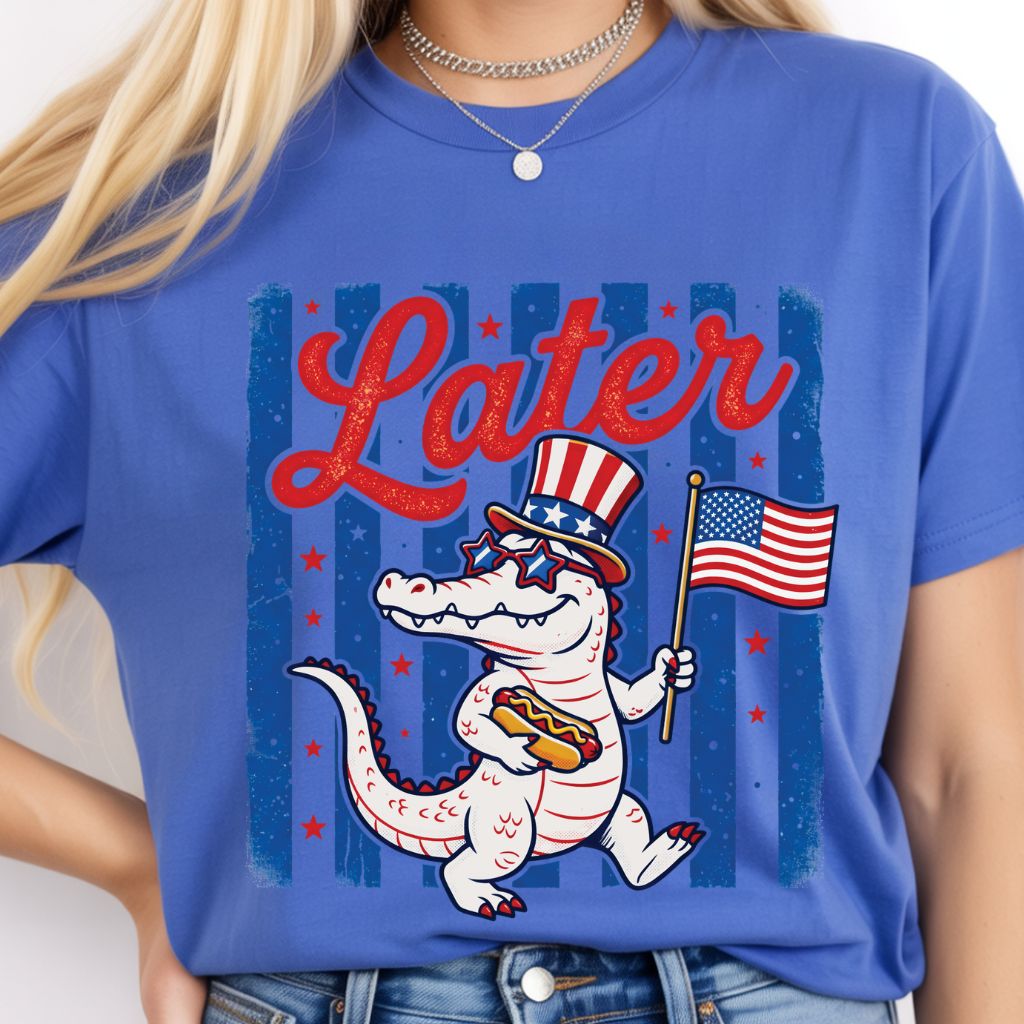 See Ya Later Alligator Comfort Colors T Shirts Funny Patriotic 4th of July Tee USA Gator Flag Shirt Uncle Sam Hot Dog Fourth of July Gifts