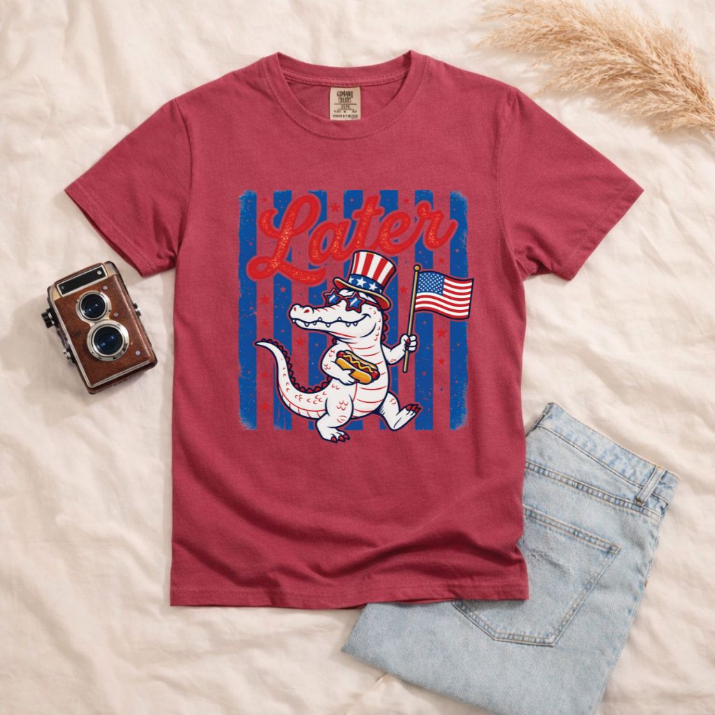 See Ya Later Alligator Comfort Colors T Shirts Funny Patriotic 4th of July Tee USA Gator Flag Shirt Uncle Sam Hot Dog Fourth of July Gifts