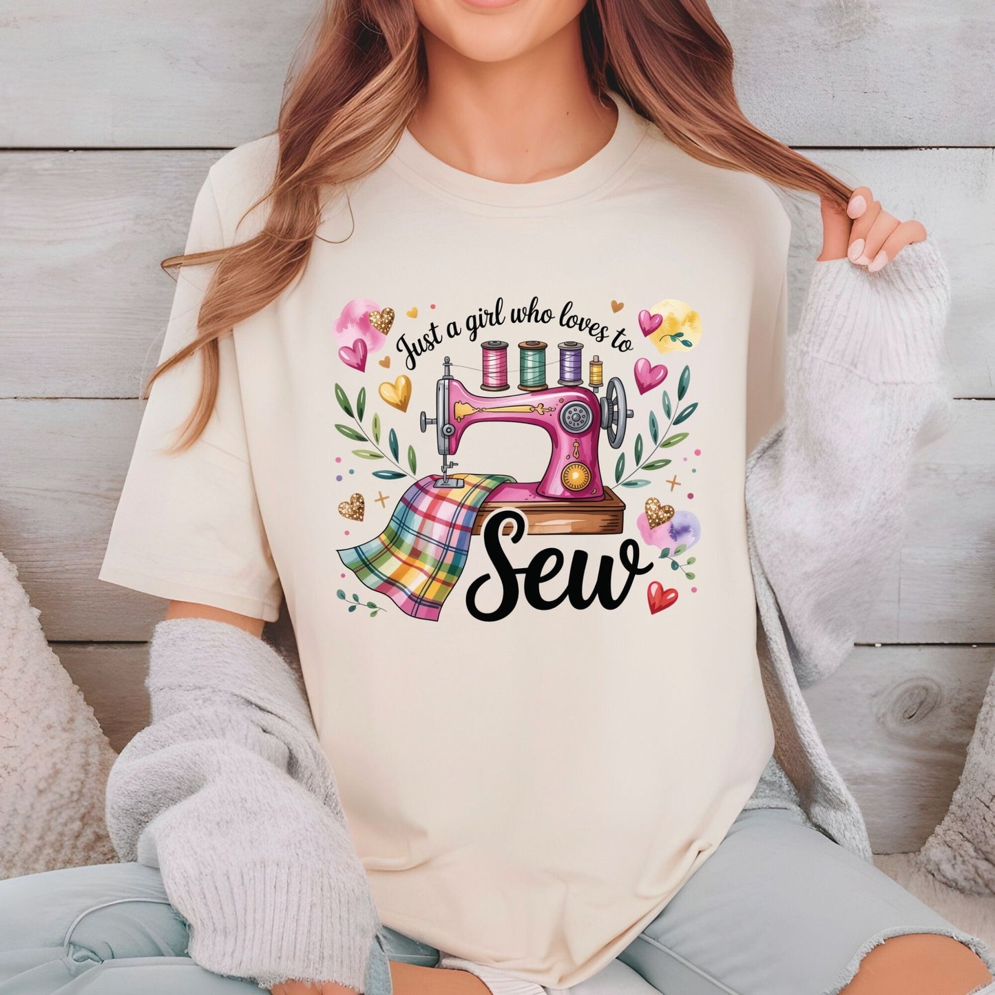 Sewing DTF Transfer Ready to Press Just a Girl Who Loves to Sew Pink Sewing Machine Quilting Seamstress Hobby Crafts DIY UV Sticker Prints