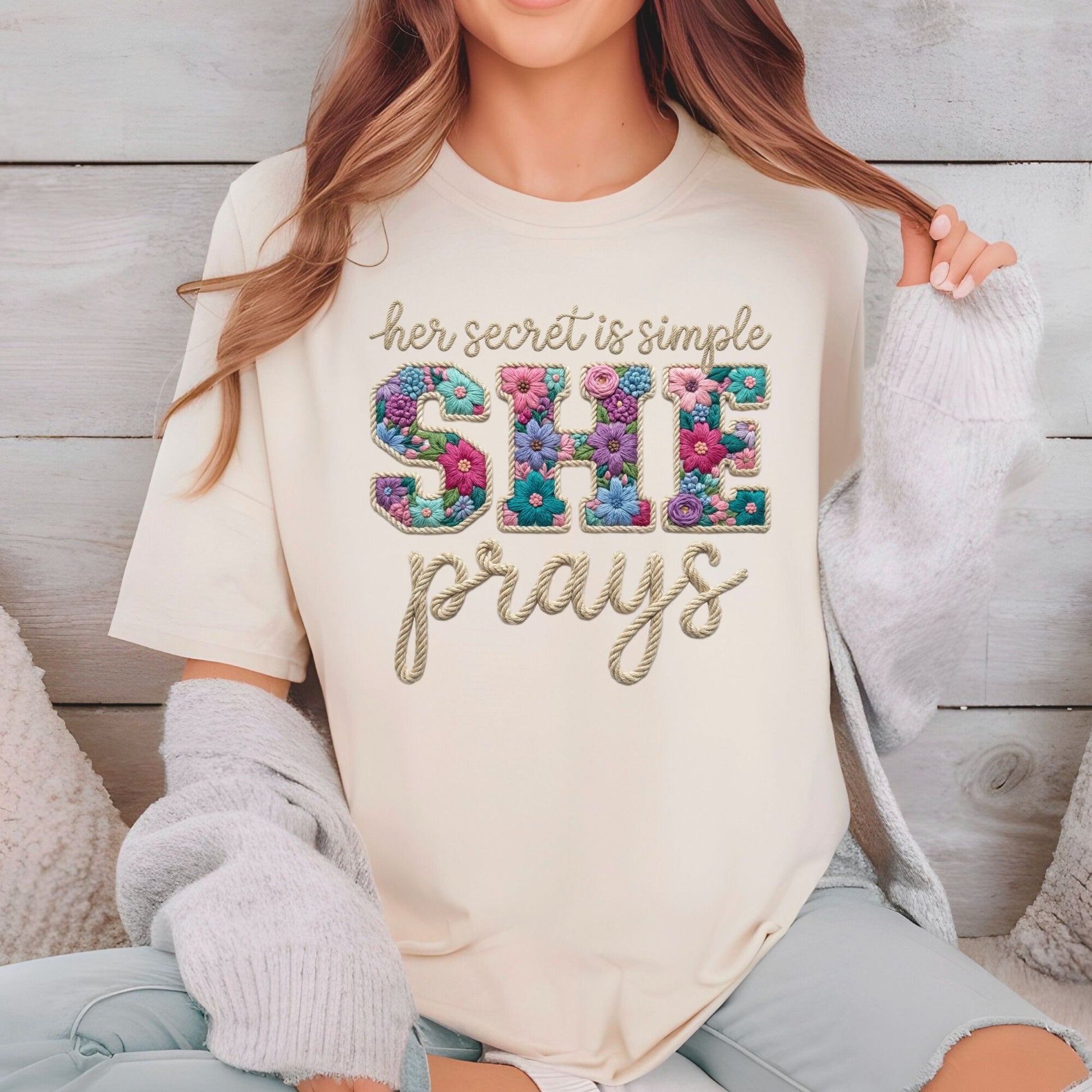 She Prays DTF Transfer Ready to Press Her Secret is Simple Floral Religious Christian Faith Spiritual Gift UV Sticker Prints