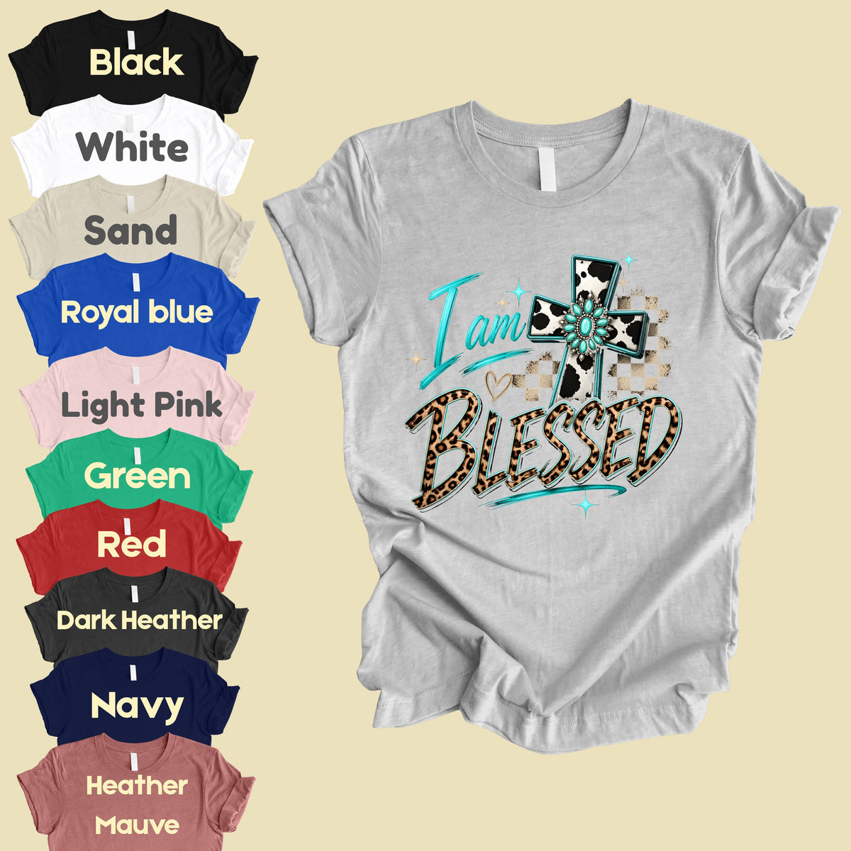 I Am Blessed Western Cross Cow Print T-Shirt, Turquoise Leopard Faith Tee