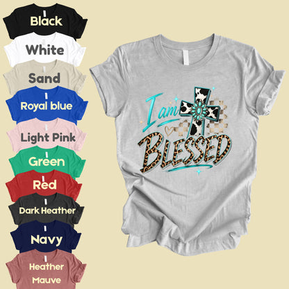 I Am Blessed Western Cross Cow Print T-Shirt, Turquoise Leopard Faith Tee