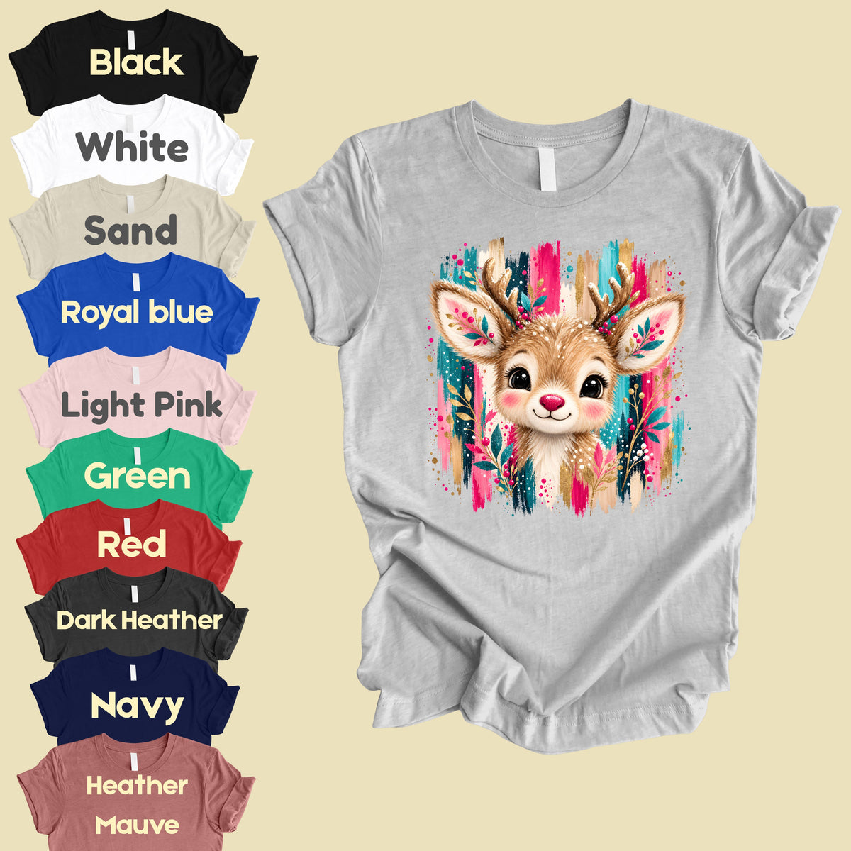Cute Christmas Reindeer Floral Antlers T-Shirt, Pink Teal Gold Holiday Tee