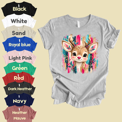 Cute Christmas Reindeer Floral Antlers T-Shirt, Pink Teal Gold Holiday Tee