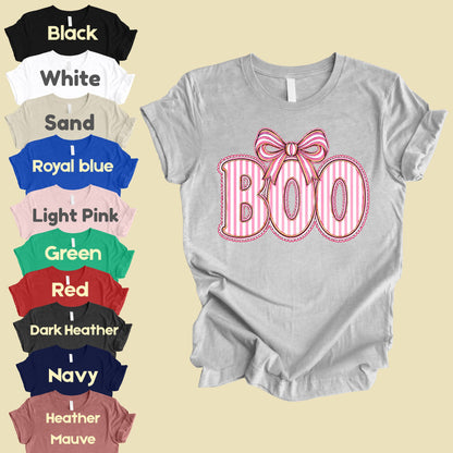 Boo Coquette Pink Bow Halloween T-Shirt, Striped Ribbon Cute Spooky Season Tee