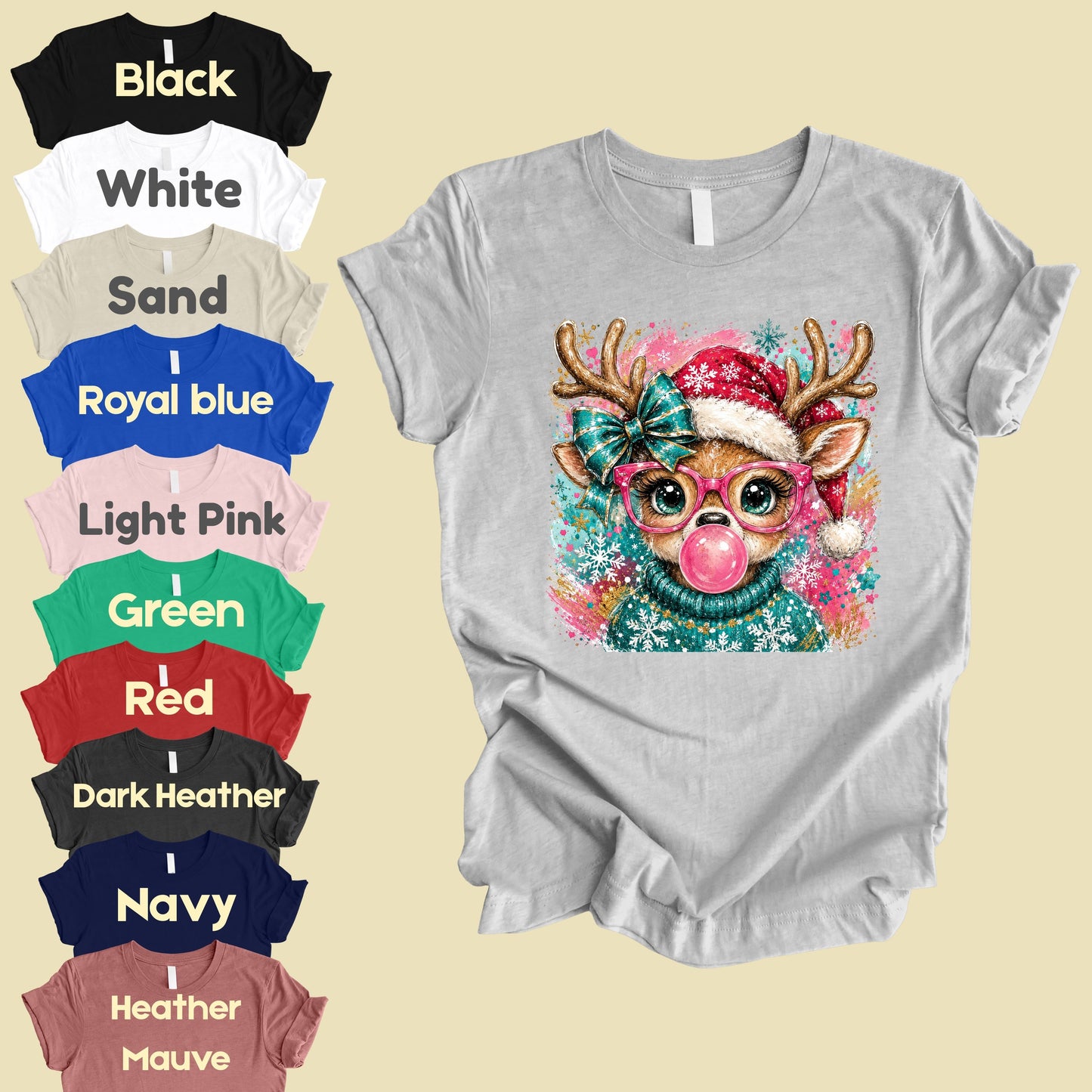 Christmas Reindeer Pink Glasses T-Shirt, Bubblegum Deer Santa Hat Cute Comfort Color Tee