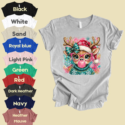 Christmas Reindeer Pink Glasses T-Shirt, Bubblegum Deer Santa Hat Cute Comfort Color Tee